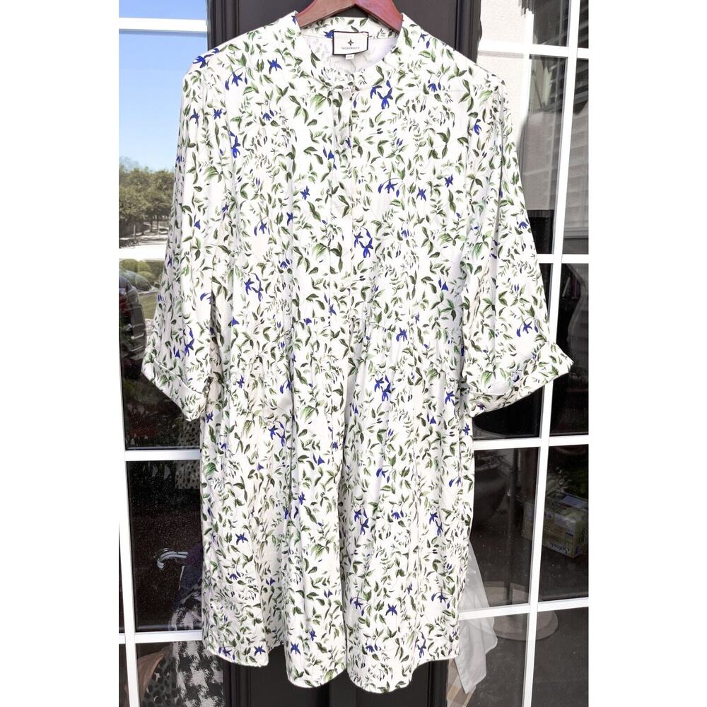 Tuckernuck Lapis Iris Royal Shirt Dress Size XXL Blue Floral Green Leaves Pocket